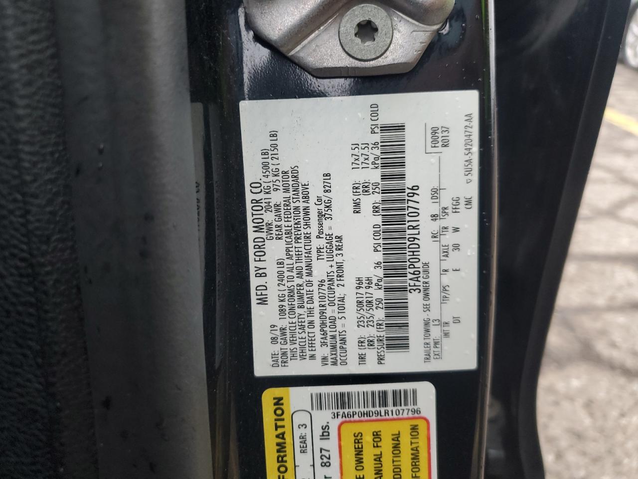 2020 Ford Fusion Se VIN: 3FA6P0HD9LR107796 Lot: 87408165