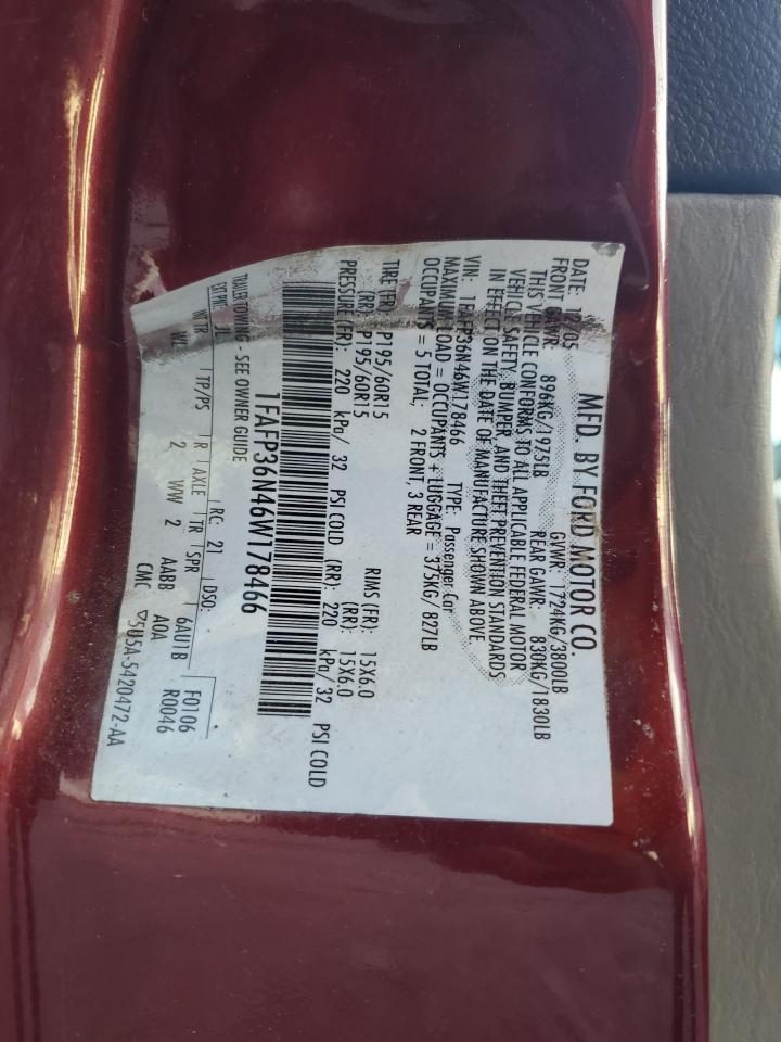 2006 Ford Focus Zxw VIN: 1FAFP36N46W178466 Lot: 86174745