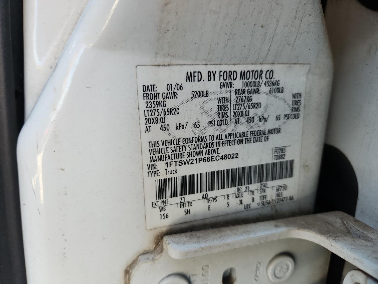 2006 Ford F250 Super Duty VIN: 1FTSW21P66EC48022 Lot: 89545745