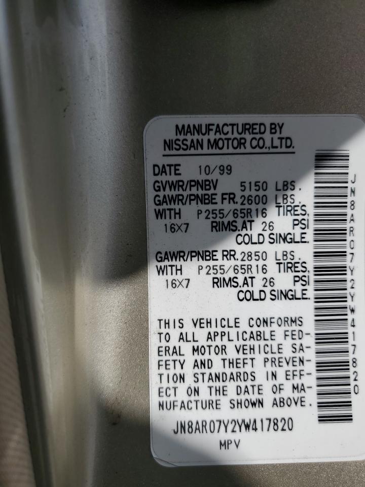 2000 Nissan Pathfinder Le VIN: JN8AR07Y2YW417820 Lot: 85601075