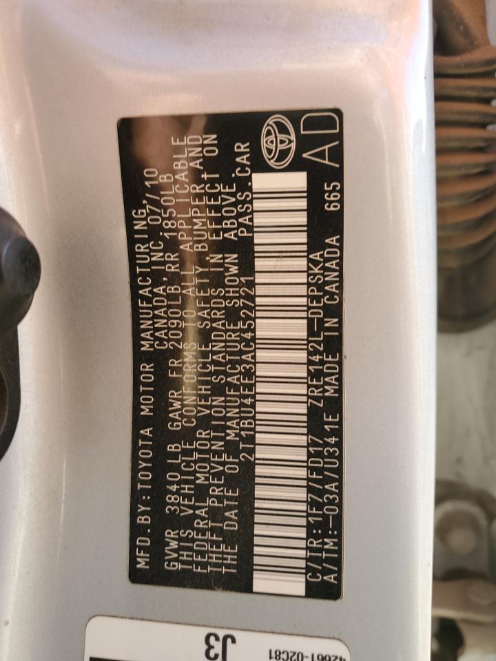 2010 Toyota Corolla Base VIN: 2T1BU4EE3AC452721 Lot: 85090865