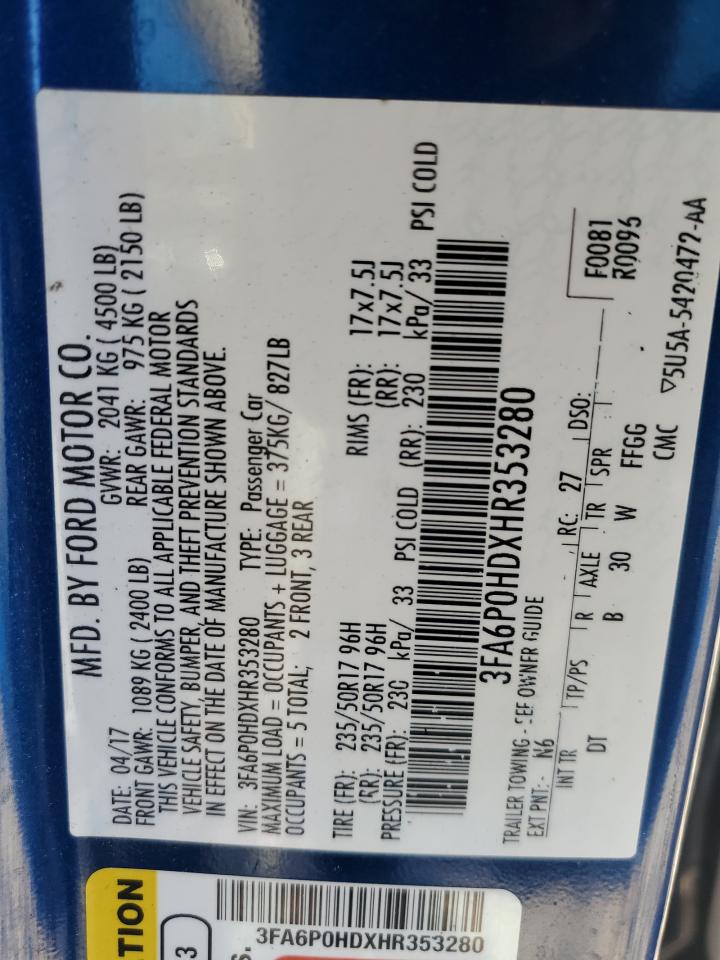 2017 Ford Fusion Se VIN: 3FA6P0HDXHR353280 Lot: 82276885