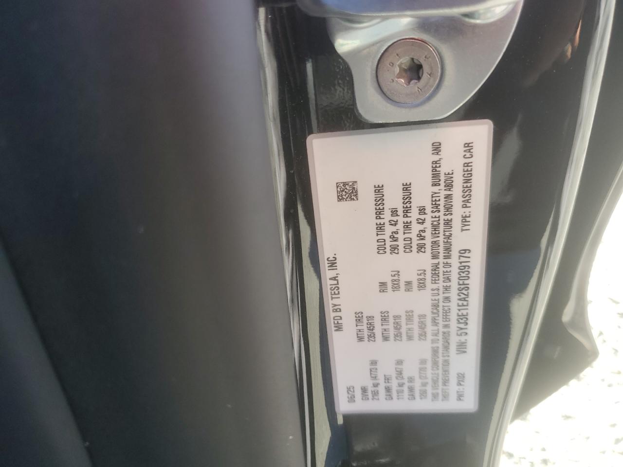 2025 Tesla Model 3 VIN: 5YJ3E1EA2SF039179 Lot: 89904545