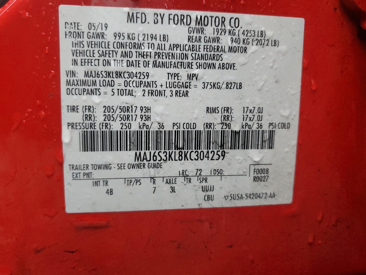 2019 Ford Ecosport Titanium VIN: MAJ6S3KL8KC304259 Lot: 85397555
