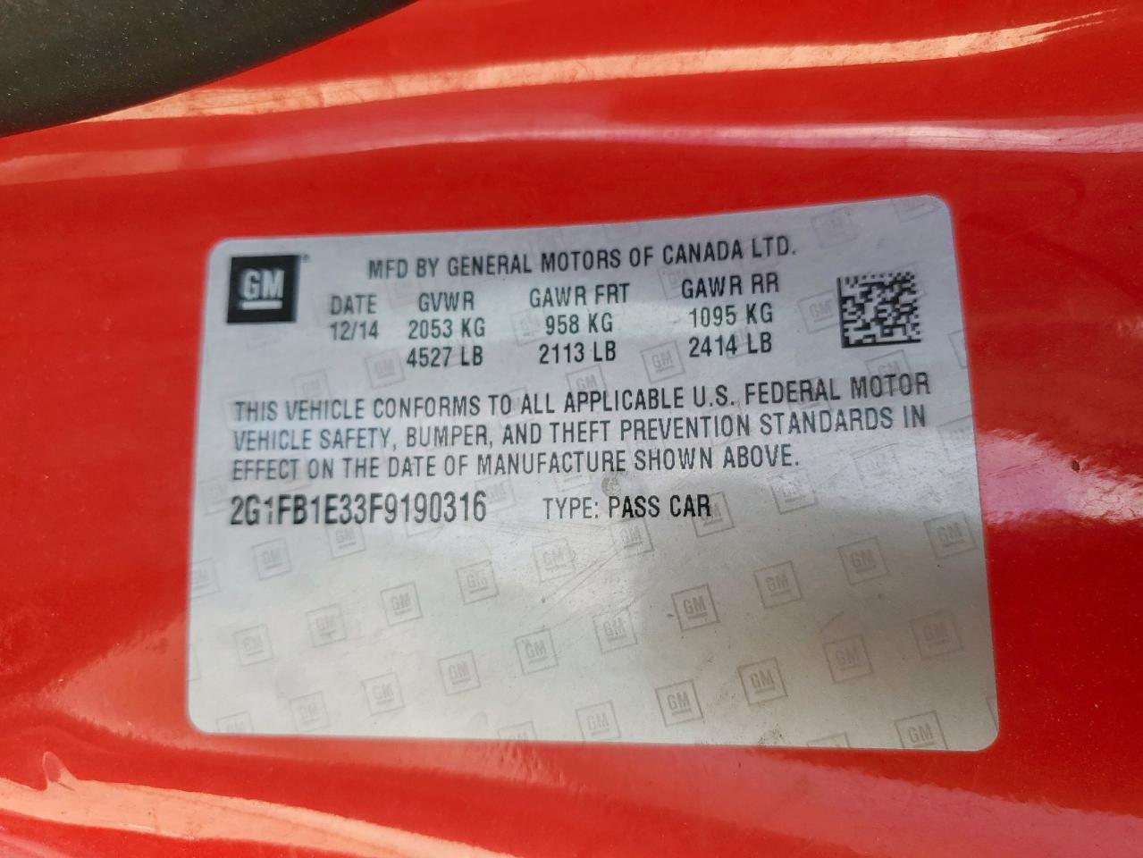 2015 Chevrolet Camaro Ls VIN: 2G1FB1E33F9190316 Lot: 85094775