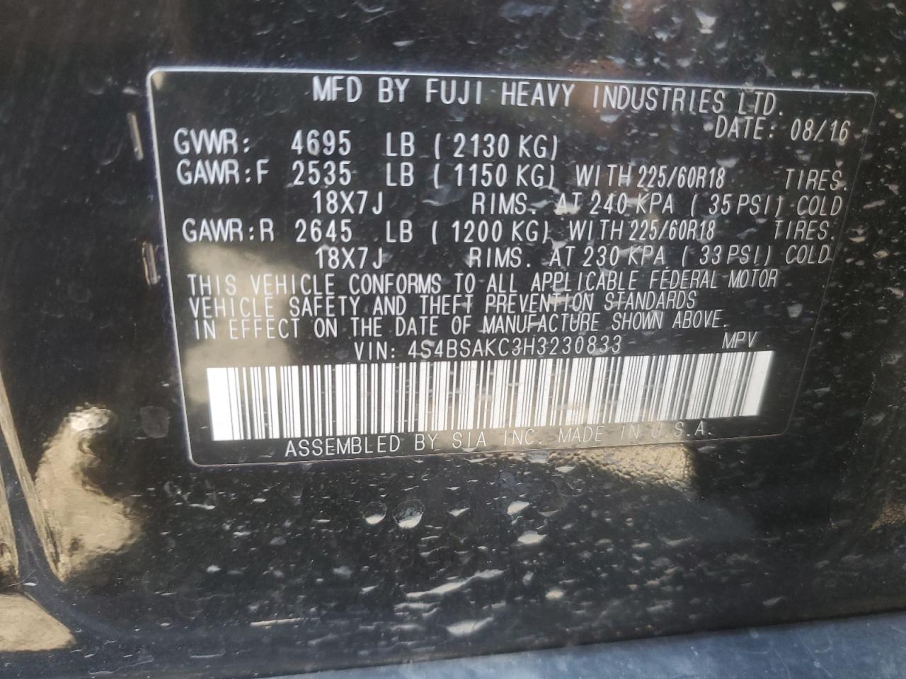 2017 Subaru Outback 2.5I Limited VIN: 4S4BSAKC3H3230833 Lot: 85089555