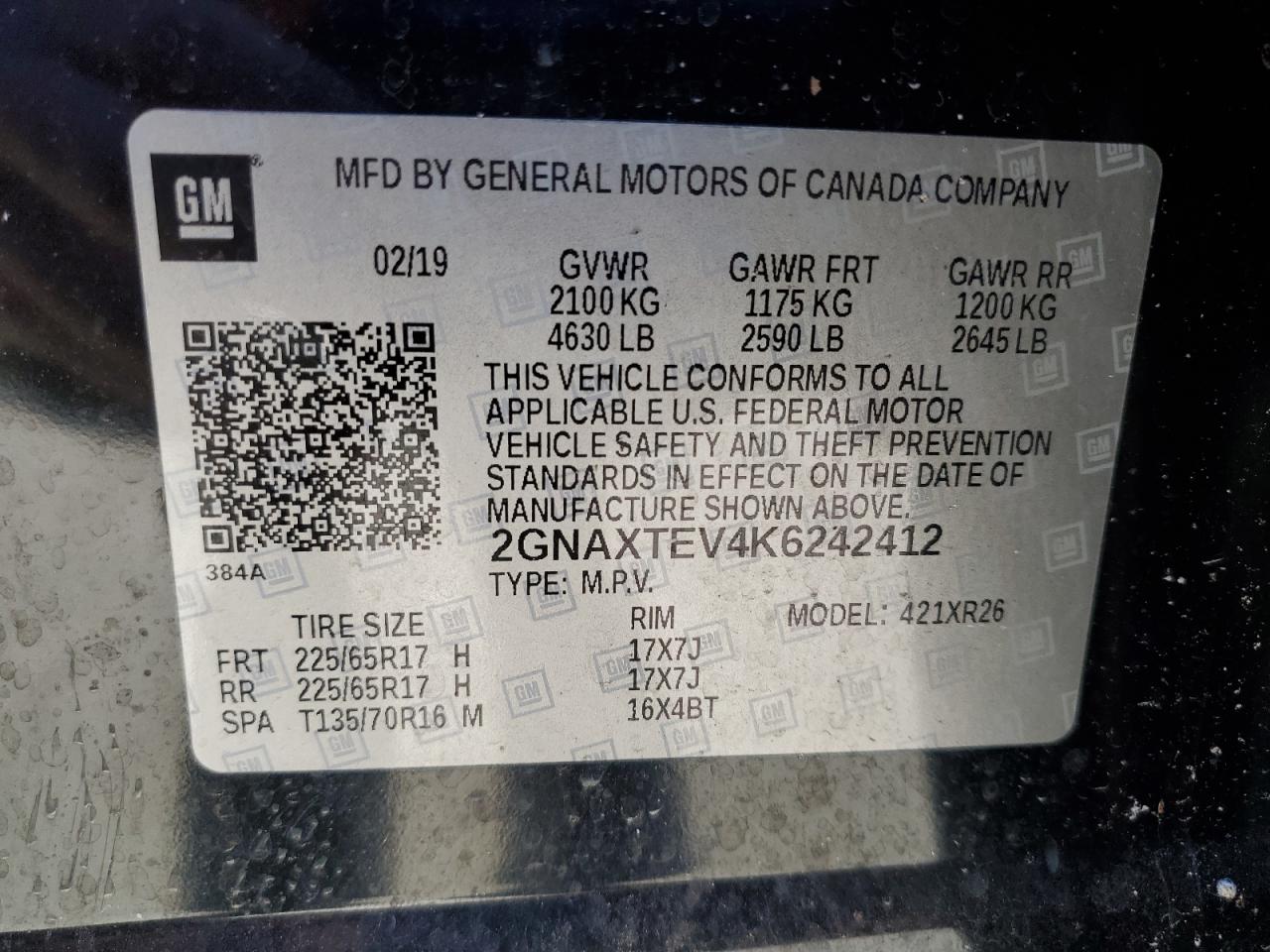 2019 Chevrolet Equinox Lt VIN: 2GNAXTEV4K6242412 Lot: 87223415