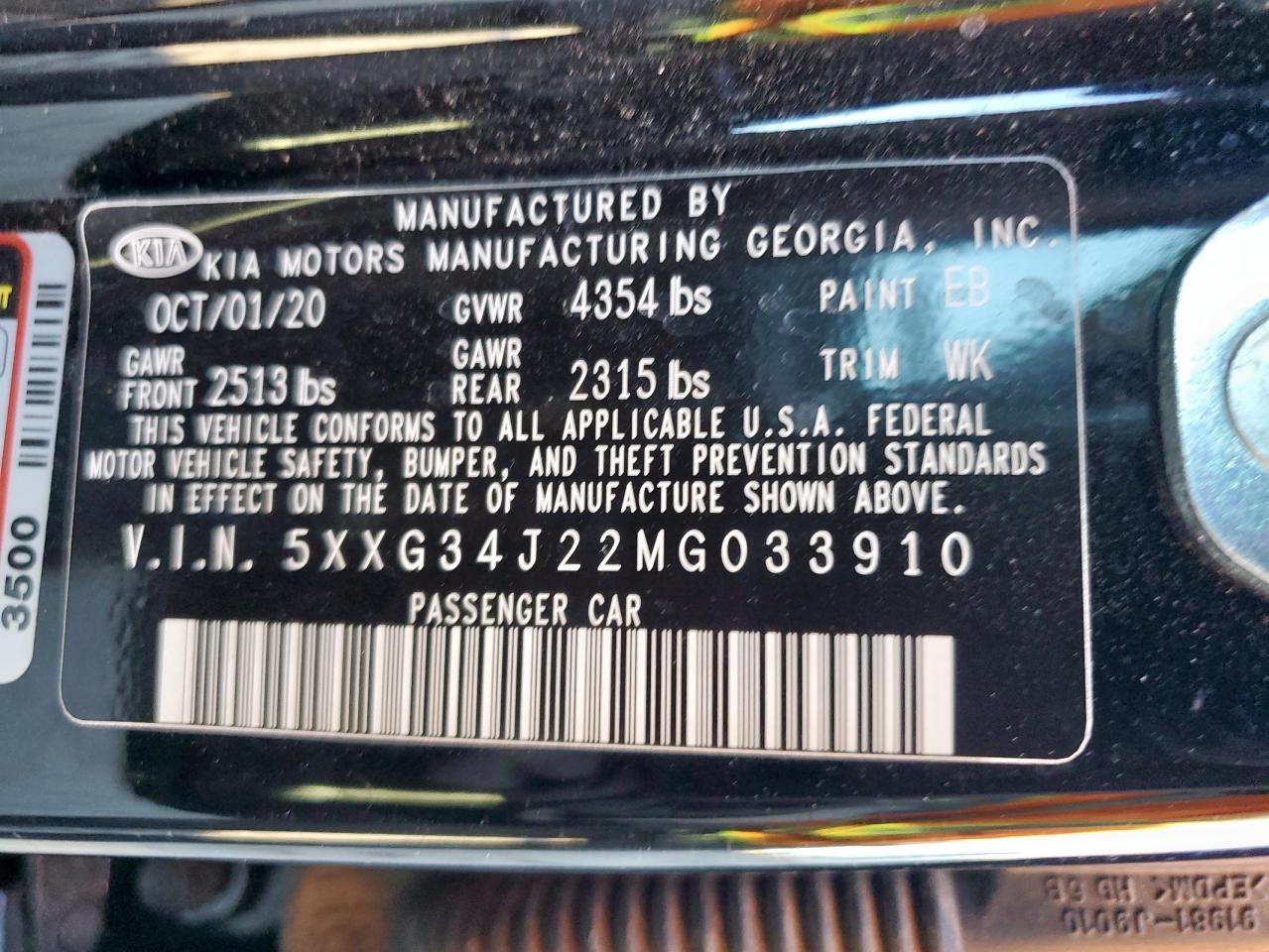 2021 Kia K5 Ex VIN: 5XXG34J22MG033910 Lot: 91009965