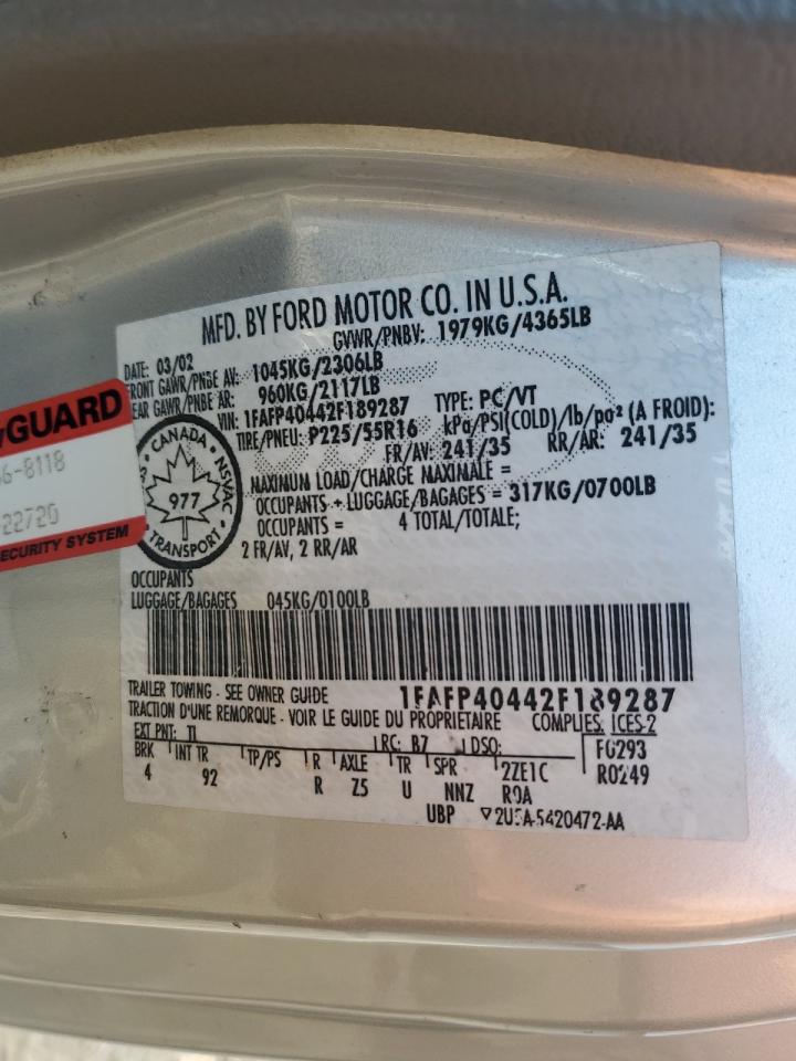 2002 Ford Mustang VIN: 1FAFP40442F189287 Lot: 90862875
