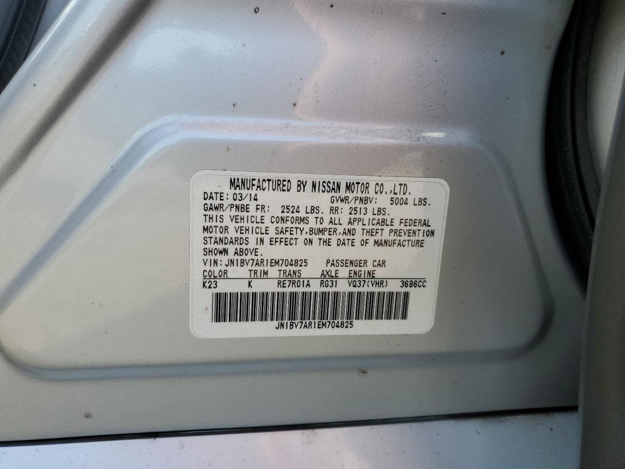 2014 Infiniti Q50 Base VIN: JN1BV7AR1EM704825 Lot: 84902105