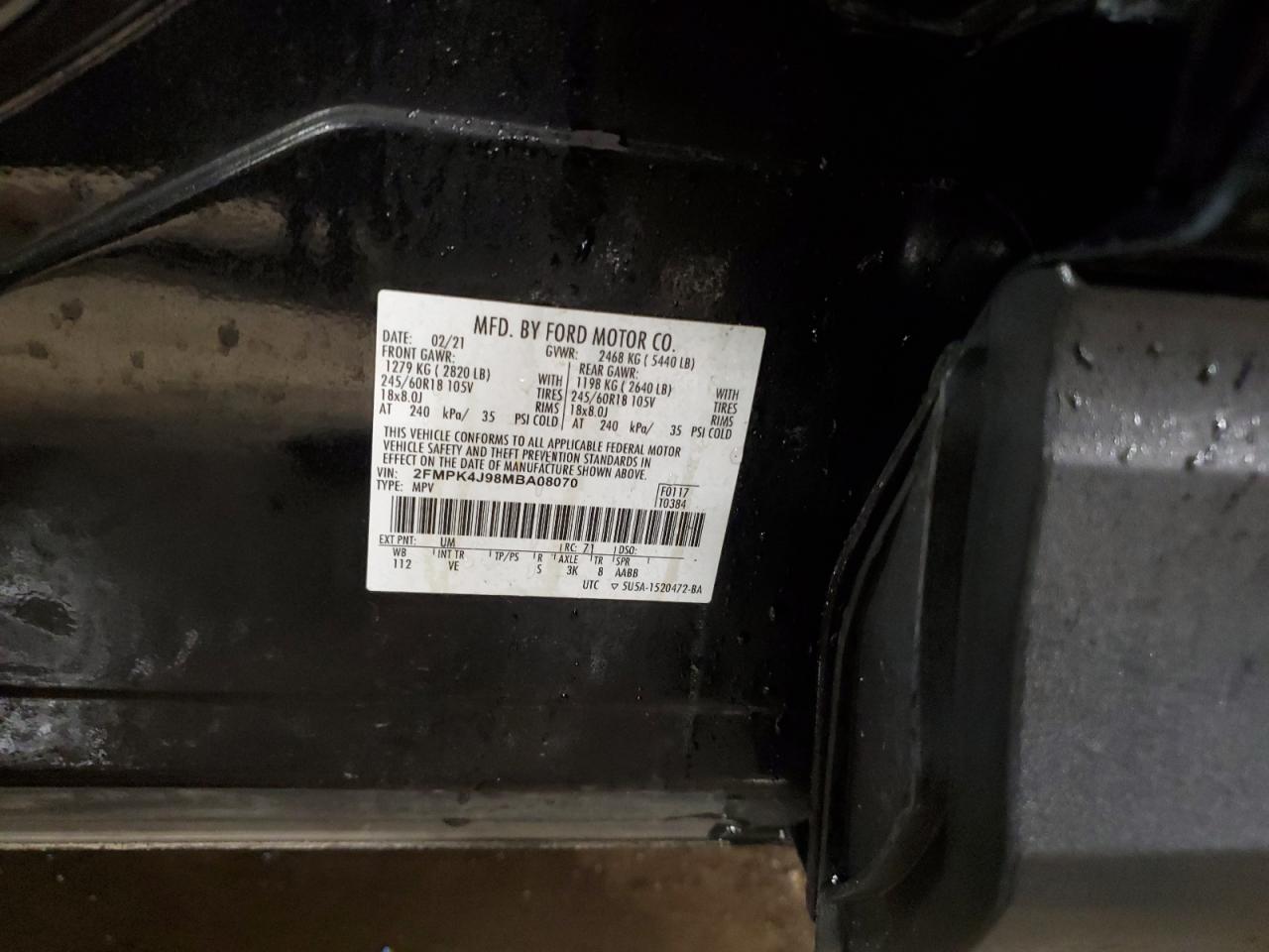 2021 Ford Edge Sel VIN: 2FMPK4J98MBA08070 Lot: 72099905