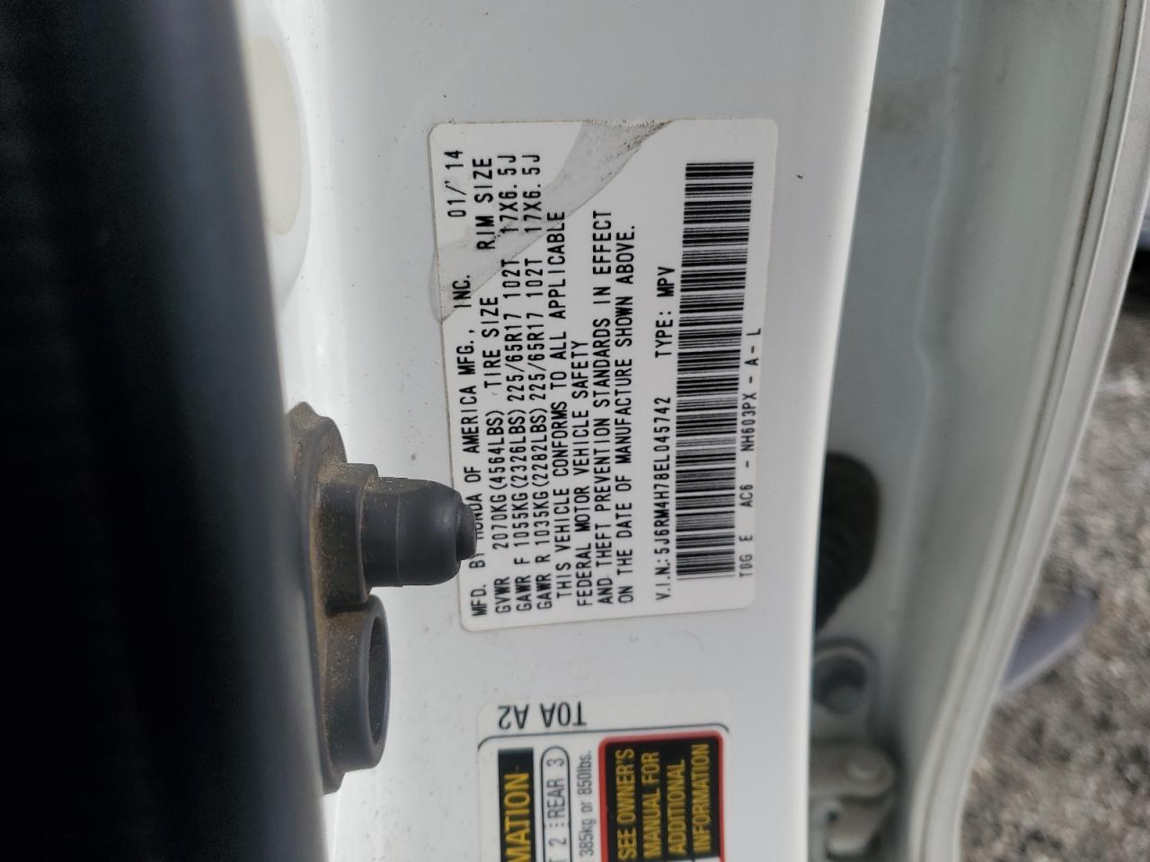 2014 Honda Cr-V Exl VIN: 5J6RM4H78EL045742 Lot: 85749775