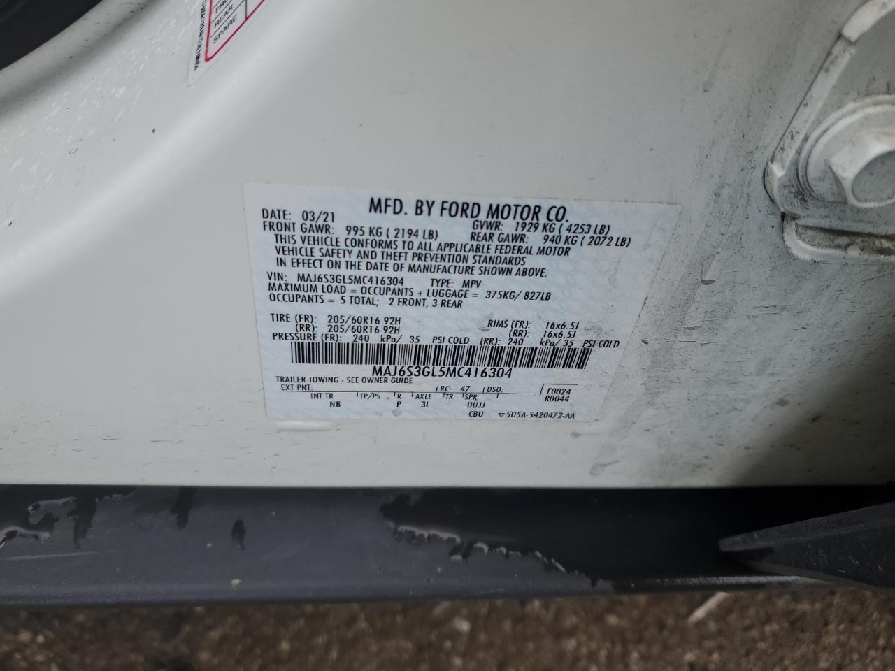 2021 Ford Ecosport Se VIN: MAJ6S3GL5MC416304 Lot: 90629995