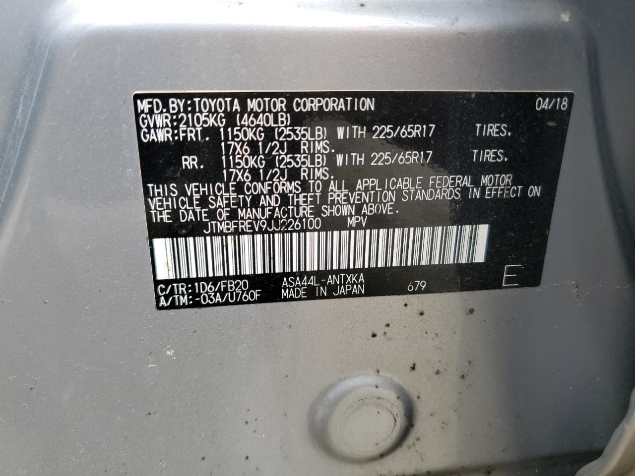 2018 Toyota Rav4 Le VIN: JTMBFREV9JJ226100 Lot: 82005705