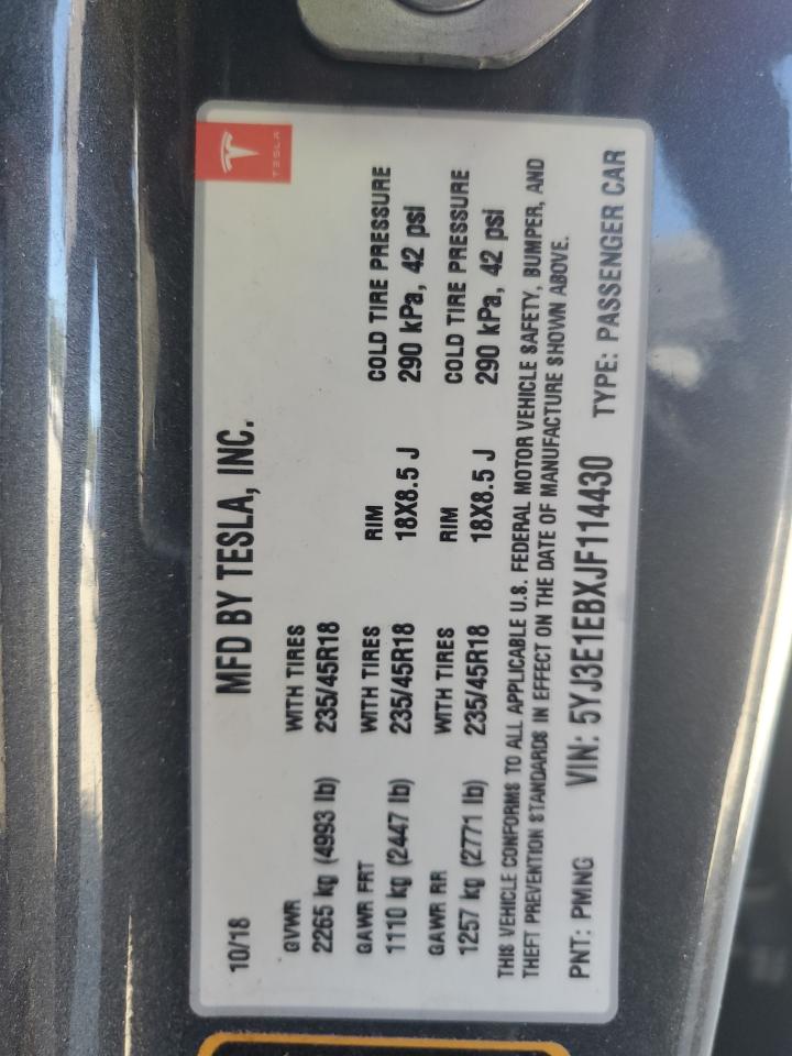 2018 Tesla Model 3 VIN: 5YJ3E1EBXJF114430 Lot: 86180785