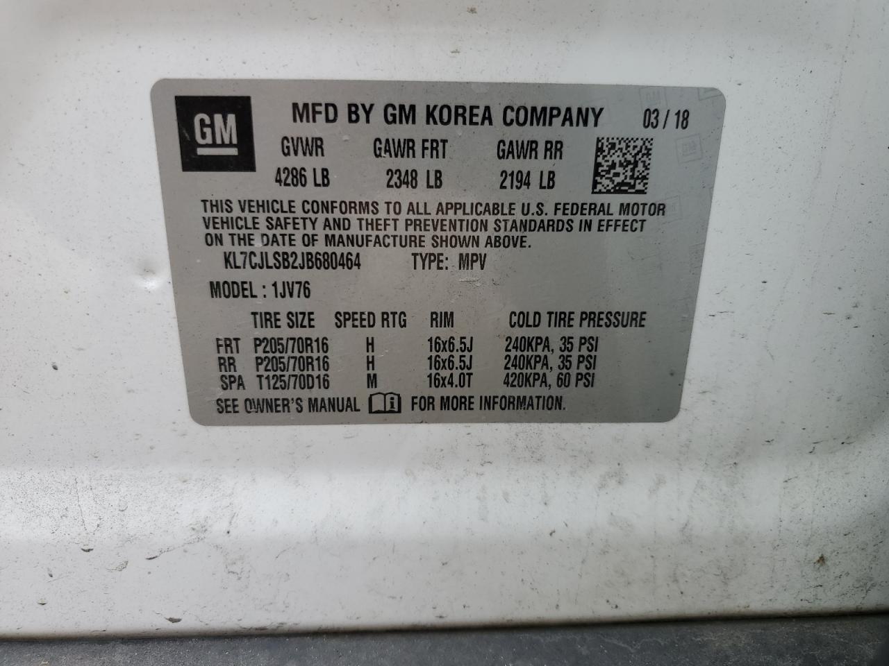 2018 Chevrolet Trax 1Lt VIN: KL7CJLSB2JB680464 Lot: 86066145