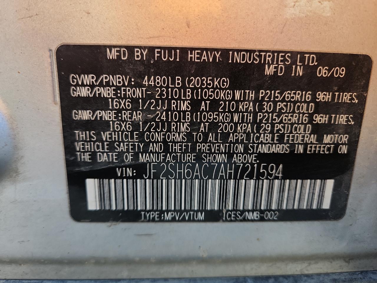 2010 Subaru Forester 2.5X VIN: JF2SH6AC7AH721594 Lot: 80193205