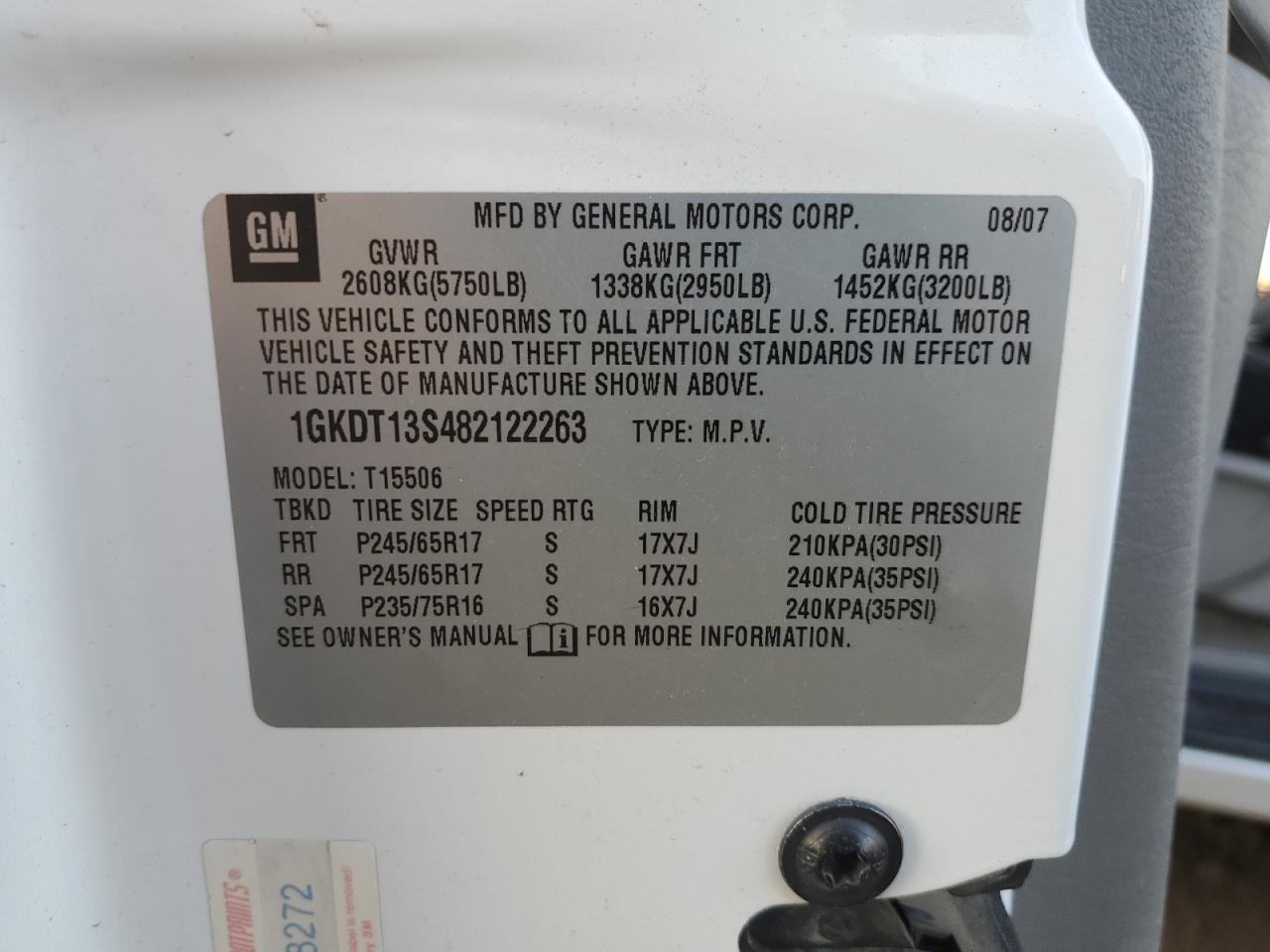 2008 GMC Envoy VIN: 1GKDT13S482122263 Lot: 82351945