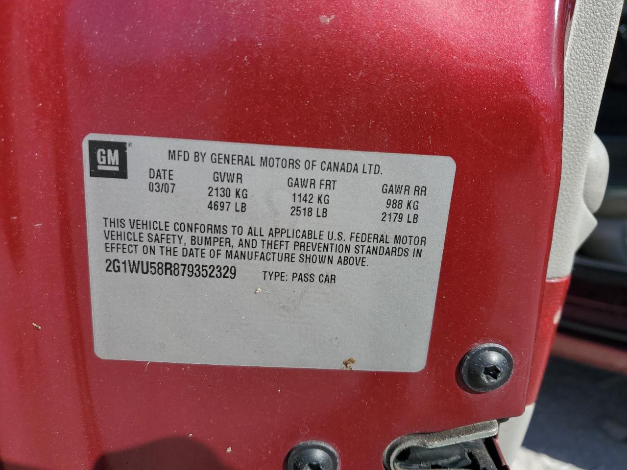 2007 Chevrolet Impala Ltz VIN: 2G1WU58R879352329 Lot: 86533355