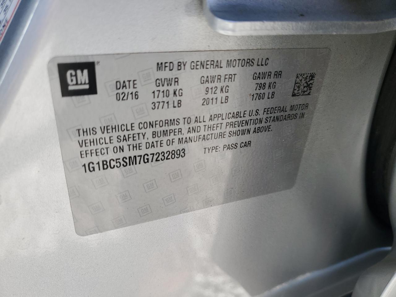 2016 Chevrolet Cruze Ls VIN: 1G1BC5SM7G7232893 Lot: 86312835