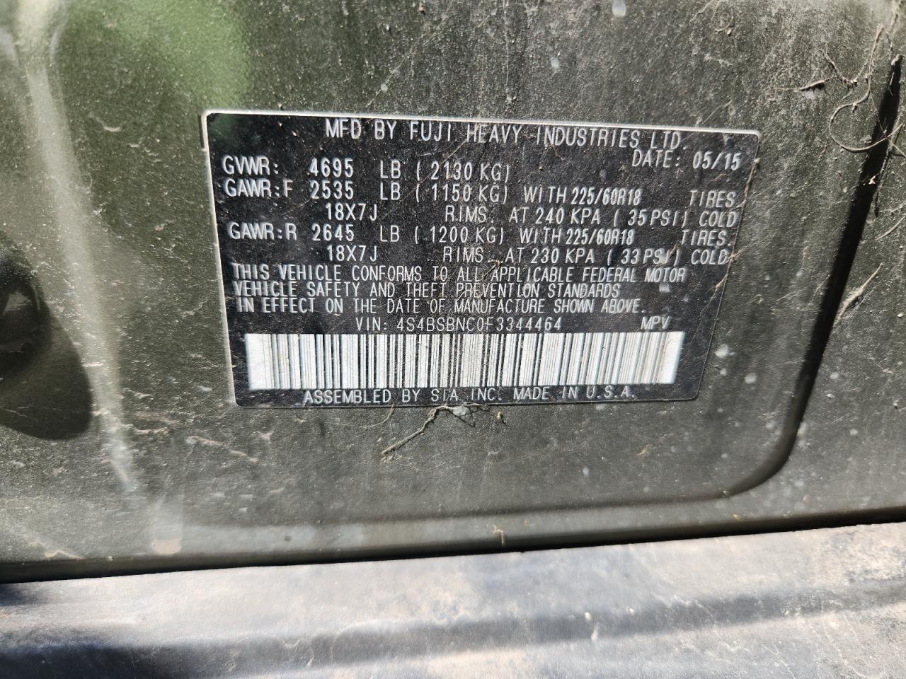 2015 Subaru Outback 2.5I Limited VIN: 4S4BSBNC0F3344464 Lot: 86452725