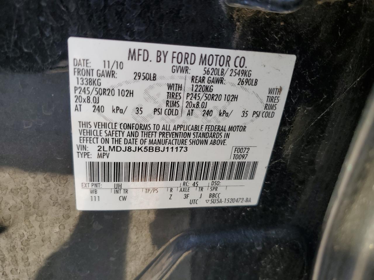 2011 Lincoln Mkx VIN: 2LMDJ8JK5BBJ11173 Lot: 84973835