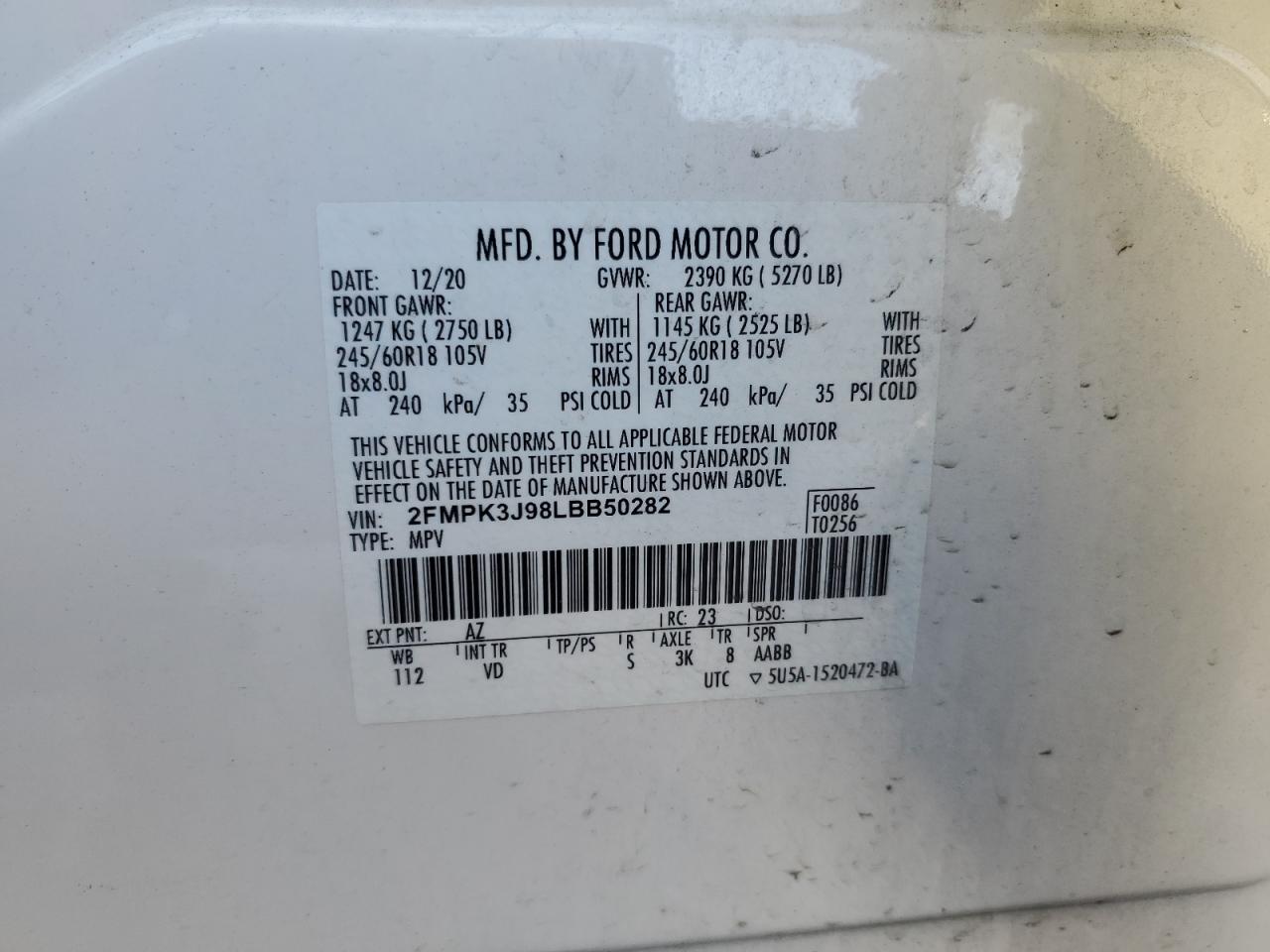 2020 Ford Edge Sel VIN: 2FMPK3J98LBB50282 Lot: 84955875