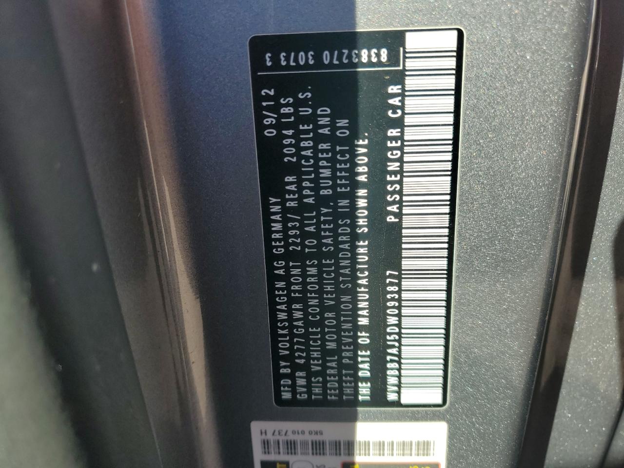 2013 Volkswagen Golf VIN: WVWBB7AJ5DW093877 Lot: 85934075