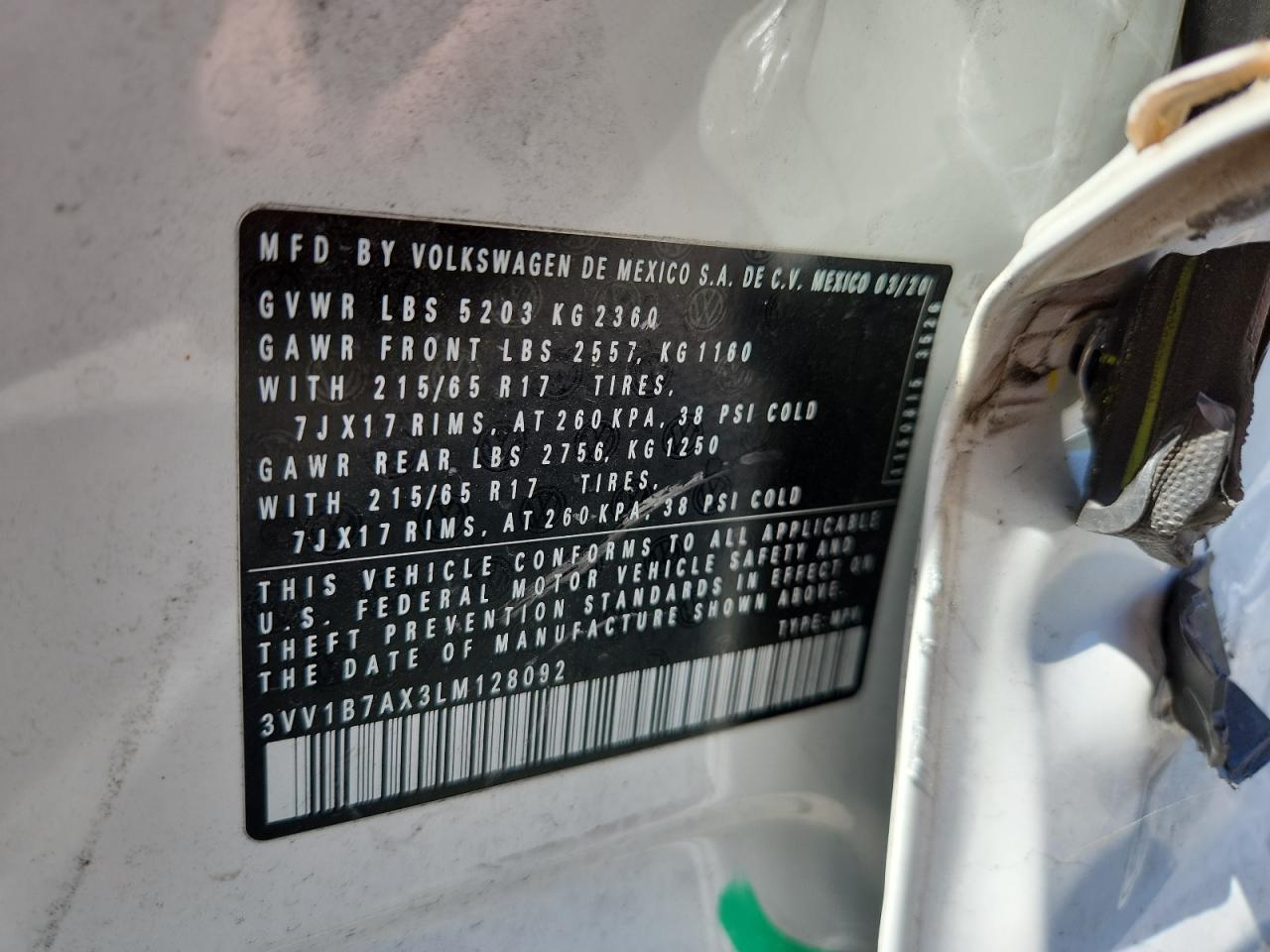 2020 Volkswagen Tiguan S VIN: 3VV1B7AX3LM128092 Lot: 82205765