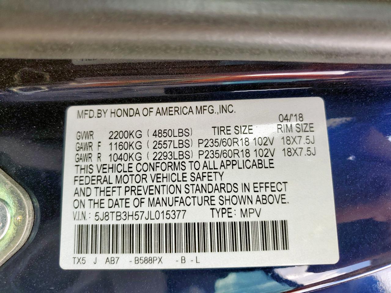 2018 Acura Rdx Technology VIN: 5J8TB3H57JL015377 Lot: 85712345