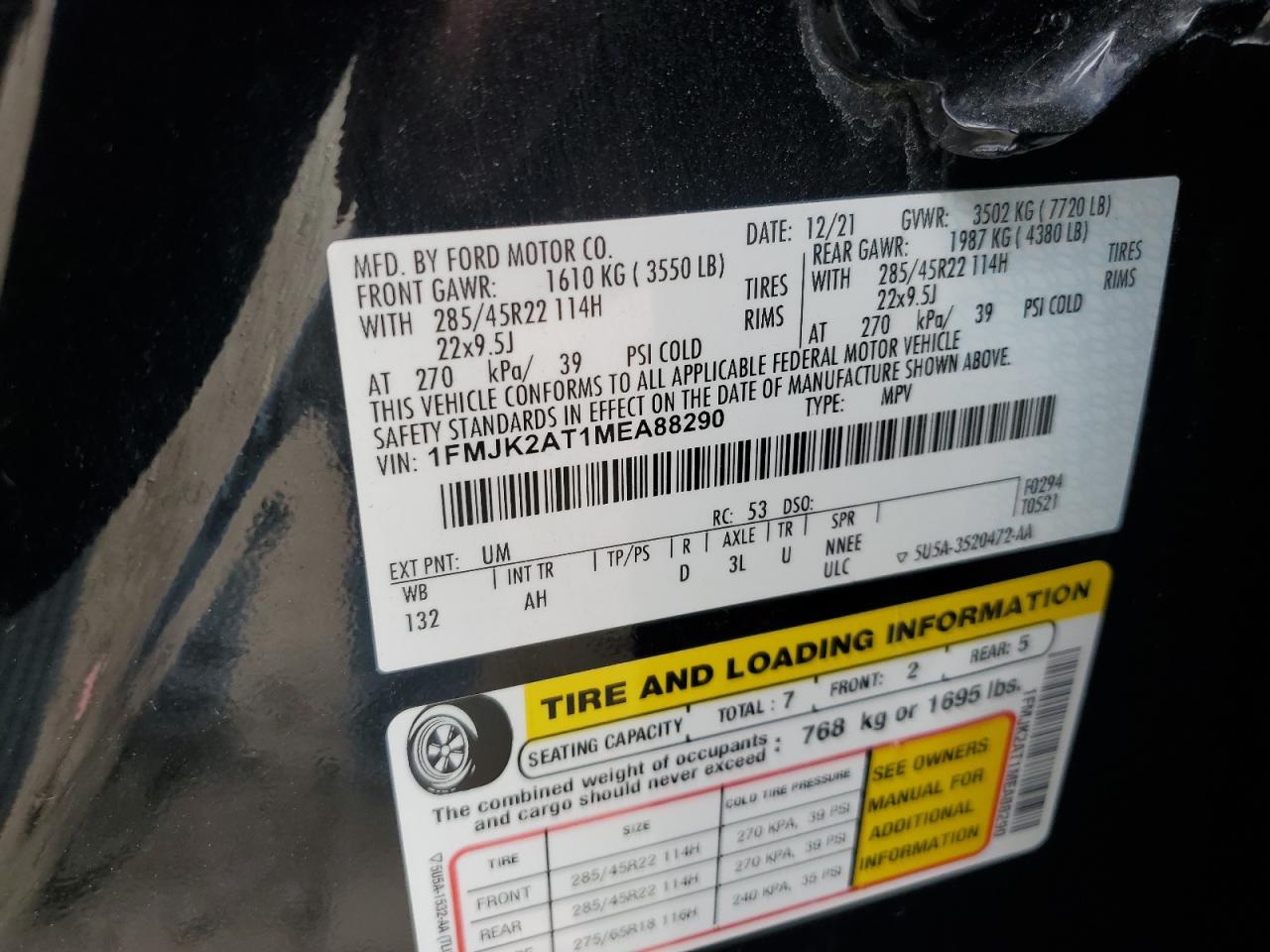 2021 Ford Expedition Max Limited VIN: 1FMJK2AT1MEA88290 Lot: 82403865