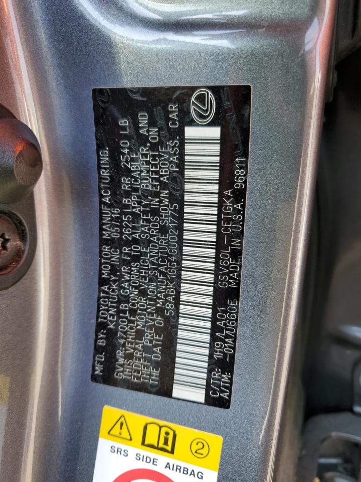 2016 Lexus Es 350 VIN: 58ABK1GG4GU021775 Lot: 84981875