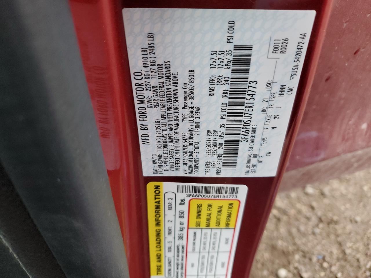 2014 Ford Fusion Titanium Phev VIN: 3FA6P0SU7ER154773 Lot: 82751325