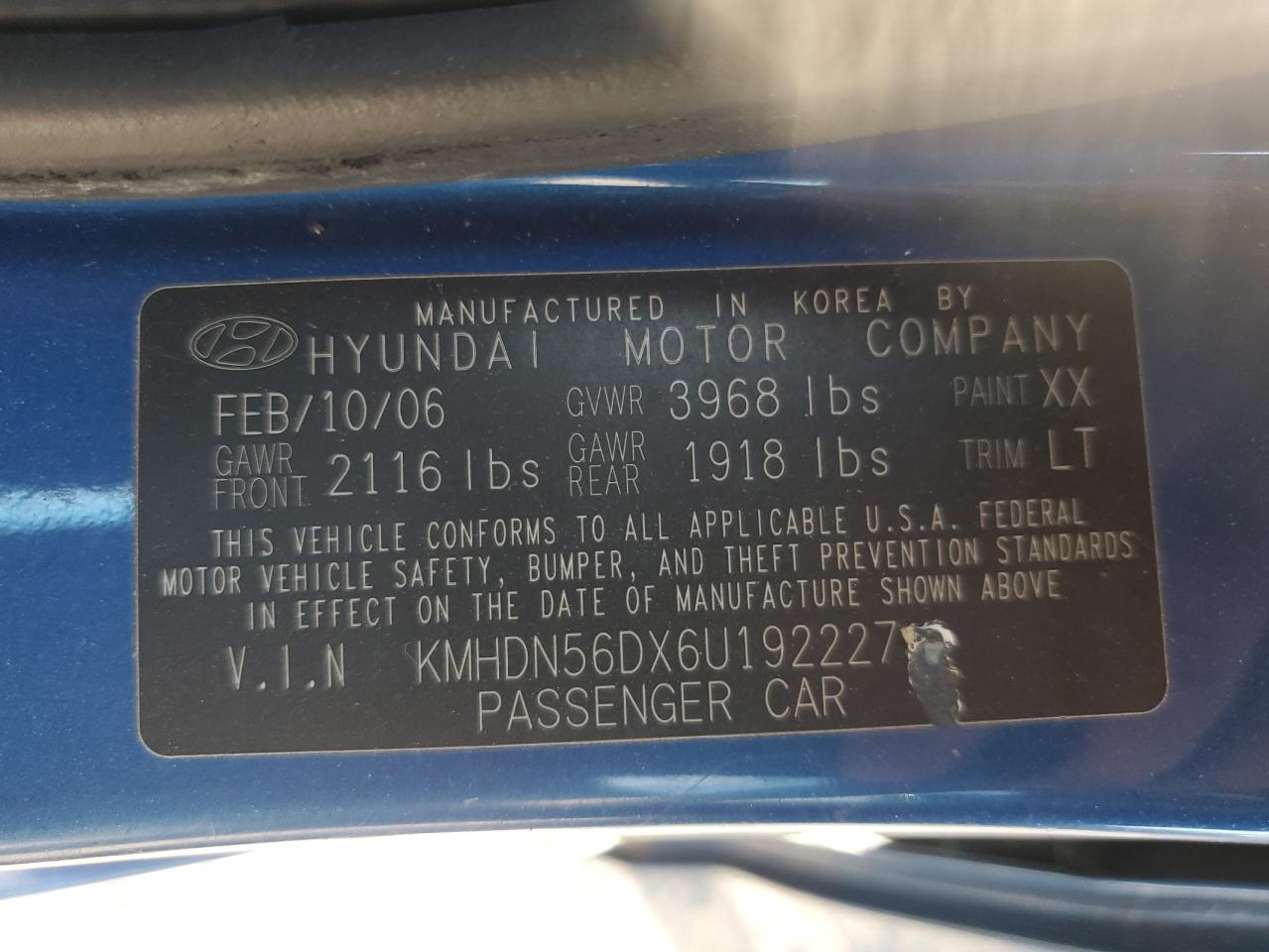 2006 Hyundai Elantra Gls VIN: KMHDN56DX6U192227 Lot: 87303275