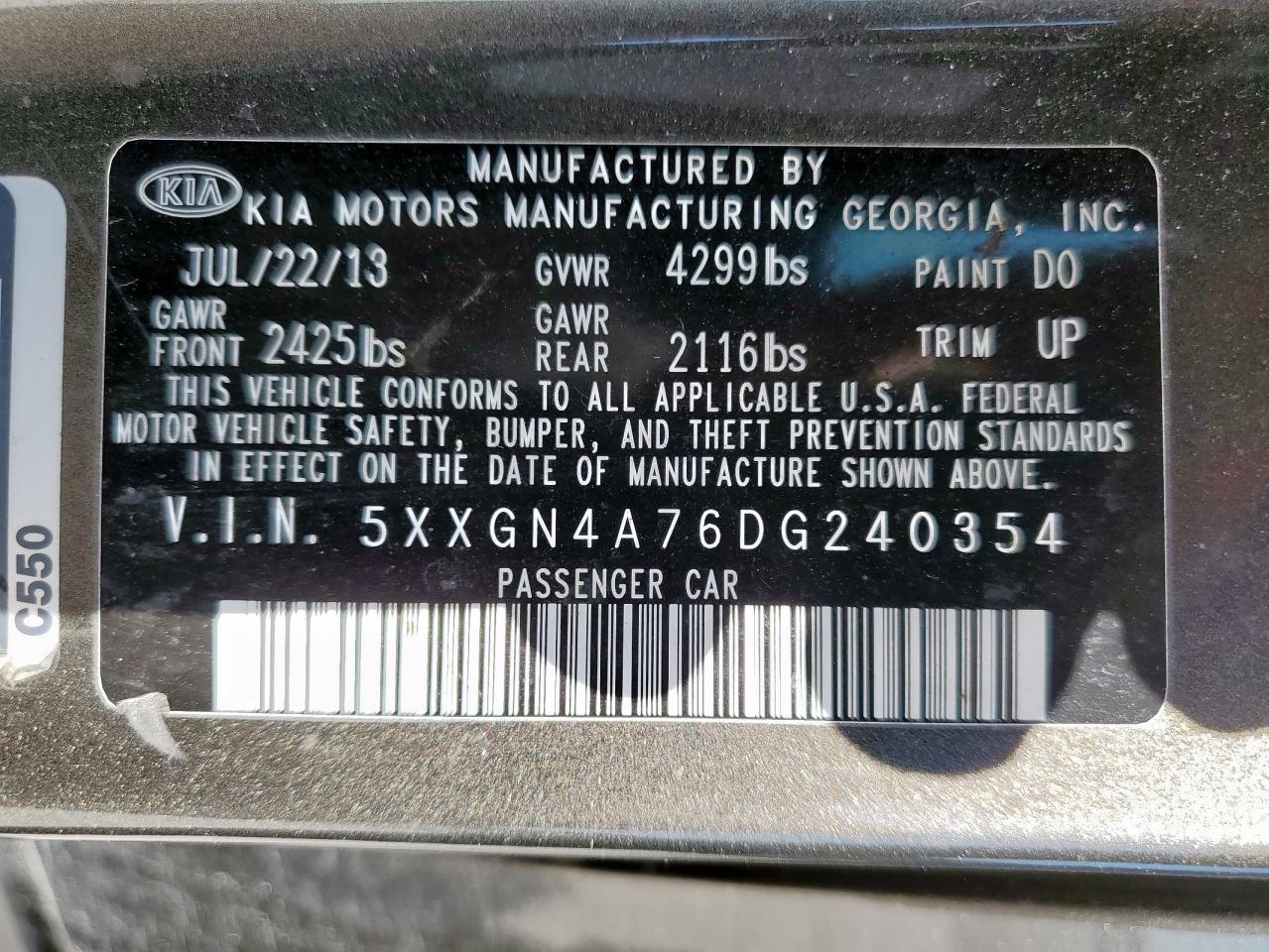 2013 Kia Optima Ex VIN: 5XXGN4A76DG240354 Lot: 82209965