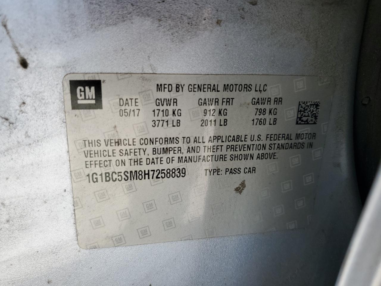 2017 Chevrolet Cruze Ls VIN: 1G1BC5SM8H7258839 Lot: 85258245