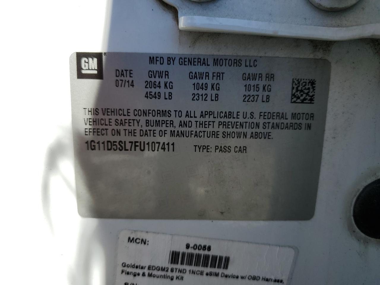 2015 Chevrolet Malibu 2Lt VIN: 1G11D5SL7FU107411 Lot: 82332255