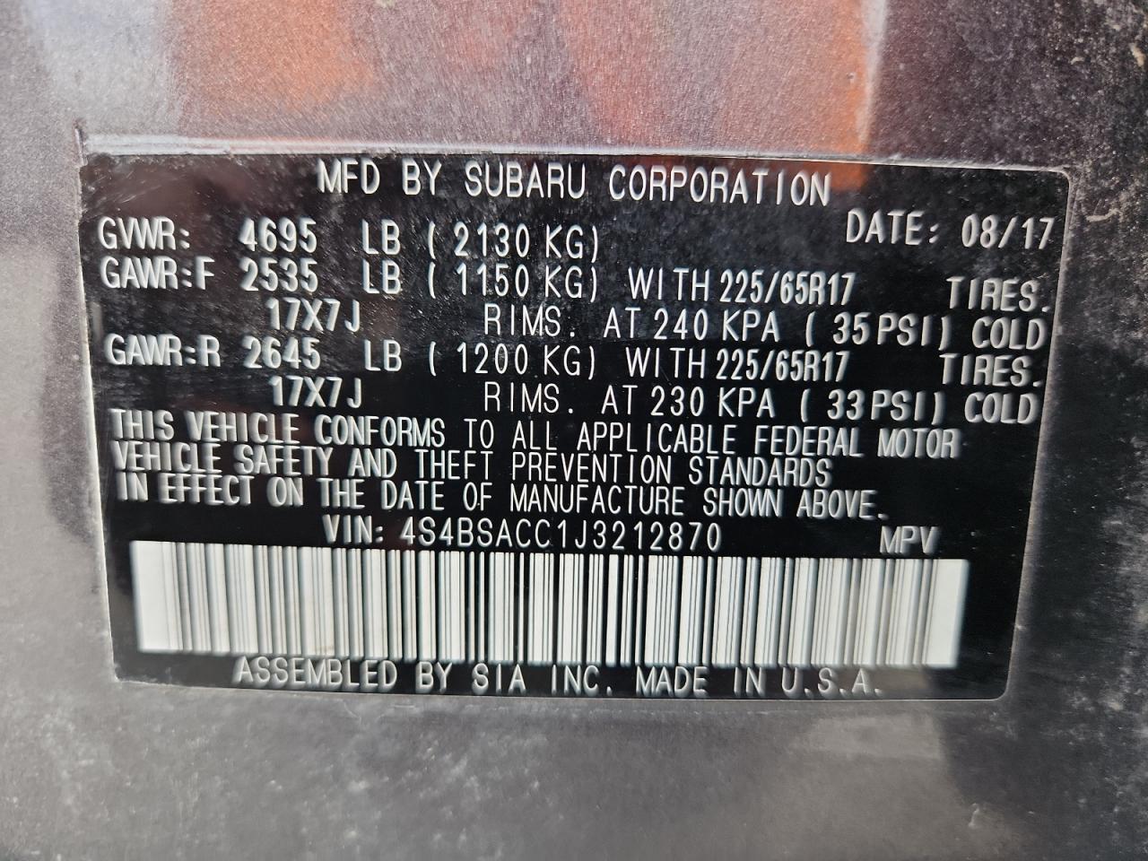 2018 Subaru Outback 2.5I Premium VIN: 4S4BSACC1J3212870 Lot: 85917775