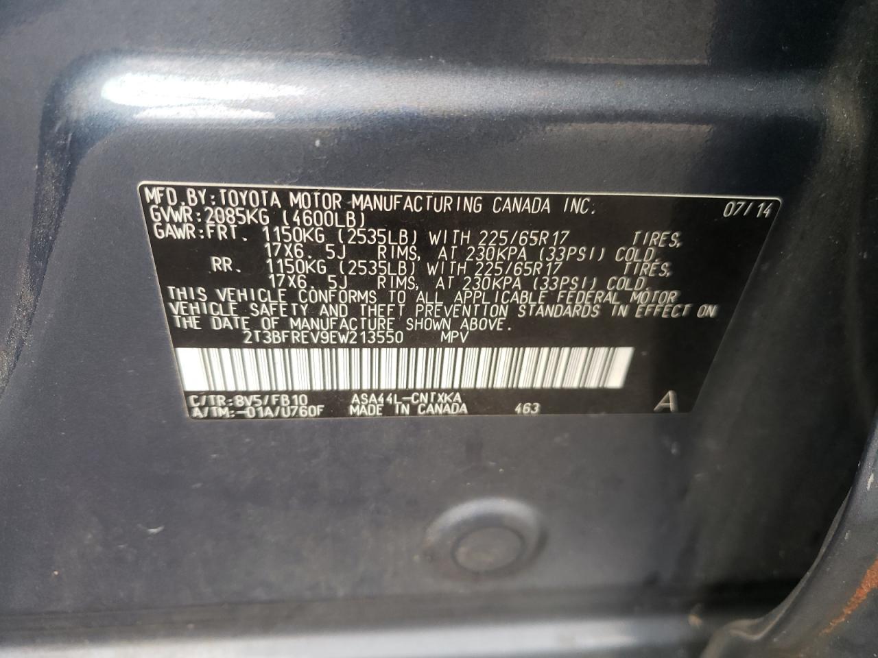 2014 Toyota Rav4 Le VIN: 2T3BFREV9EW213550 Lot: 86278935