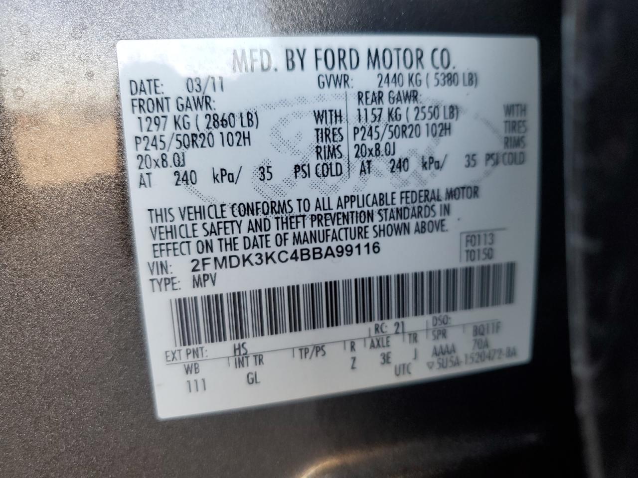 2011 Ford Edge Limited VIN: 2FMDK3KC4BBA99116 Lot: 85257675