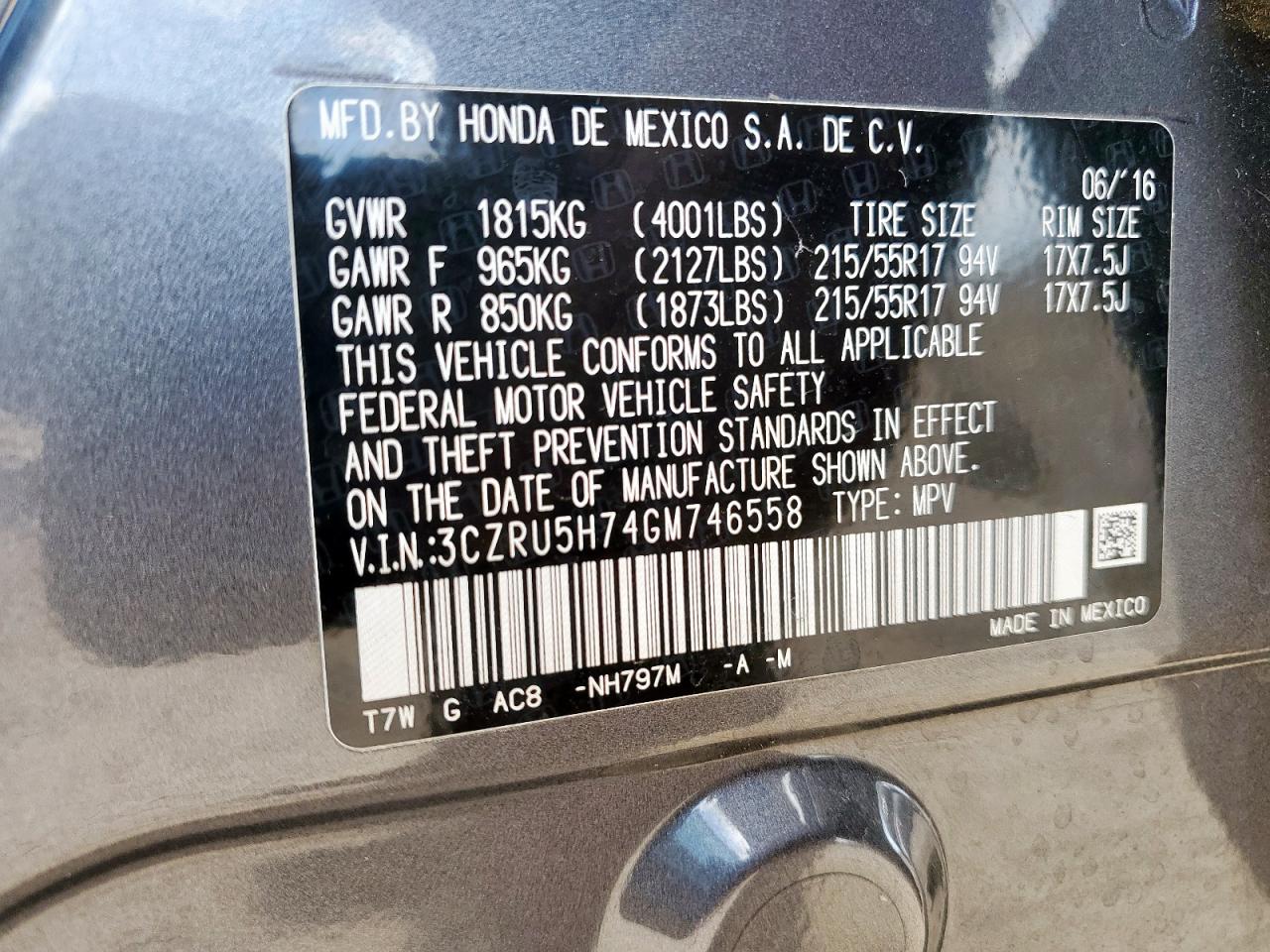 2016 Honda Hr-V Exl VIN: 3CZRU5H74GM746558 Lot: 82297305