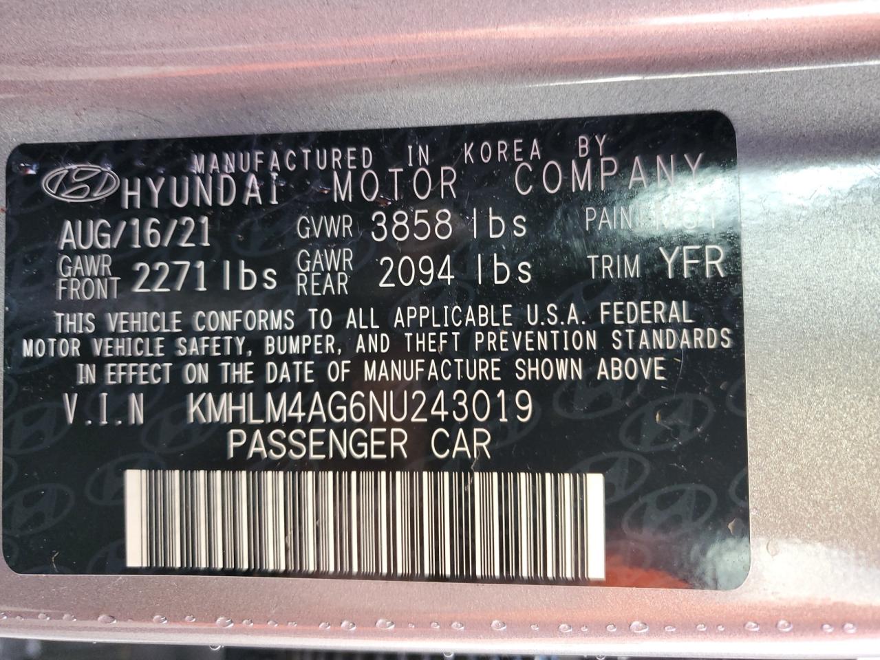 2022 Hyundai Elantra Sel VIN: KMHLM4AG6NU243019 Lot: 90129415