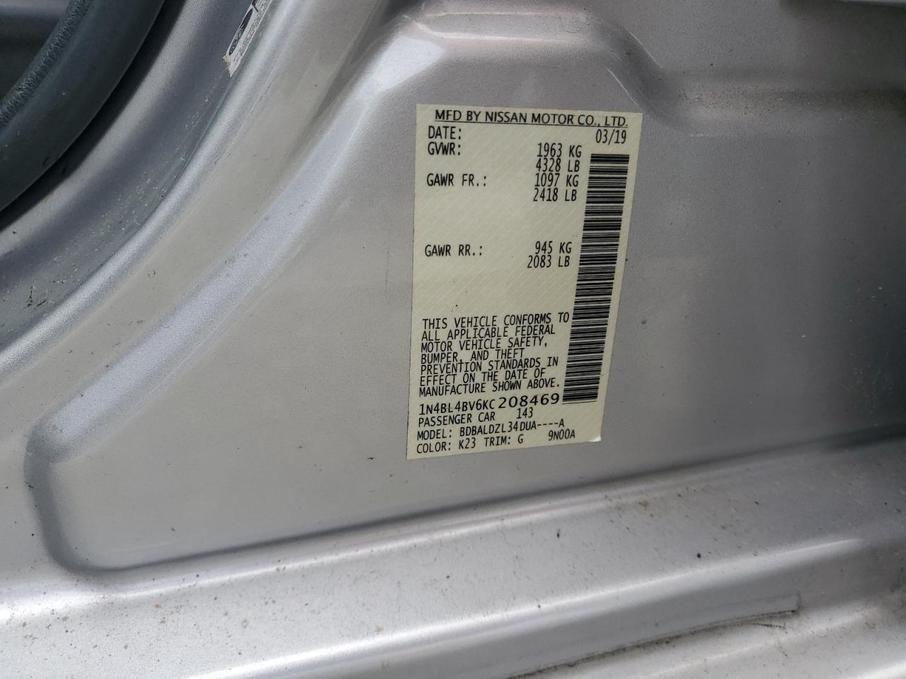 2019 Nissan Altima S VIN: 1N4BL4BV6KC208469 Lot: 85754365