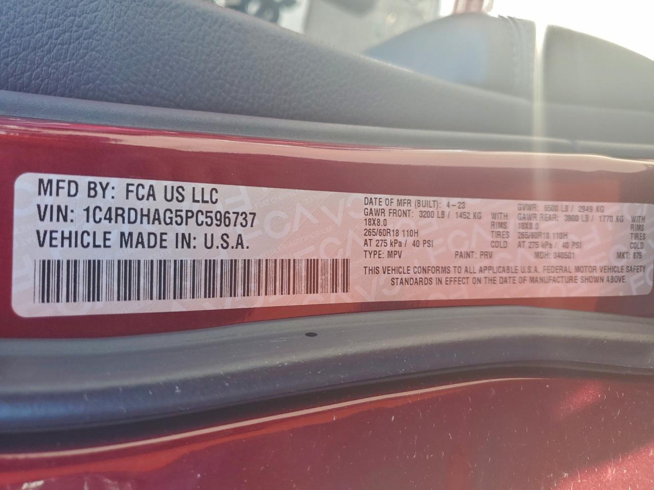 2023 Dodge Durango Sxt VIN: 1C4RDHAG5PC596737 Lot: 90642725