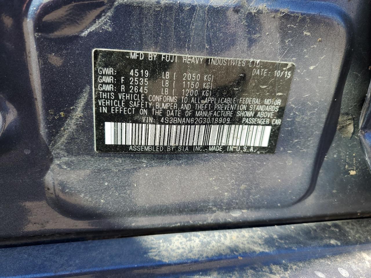 2016 Subaru Legacy 2.5I Limited VIN: 4S3BNAN62G3018909 Lot: 86094685