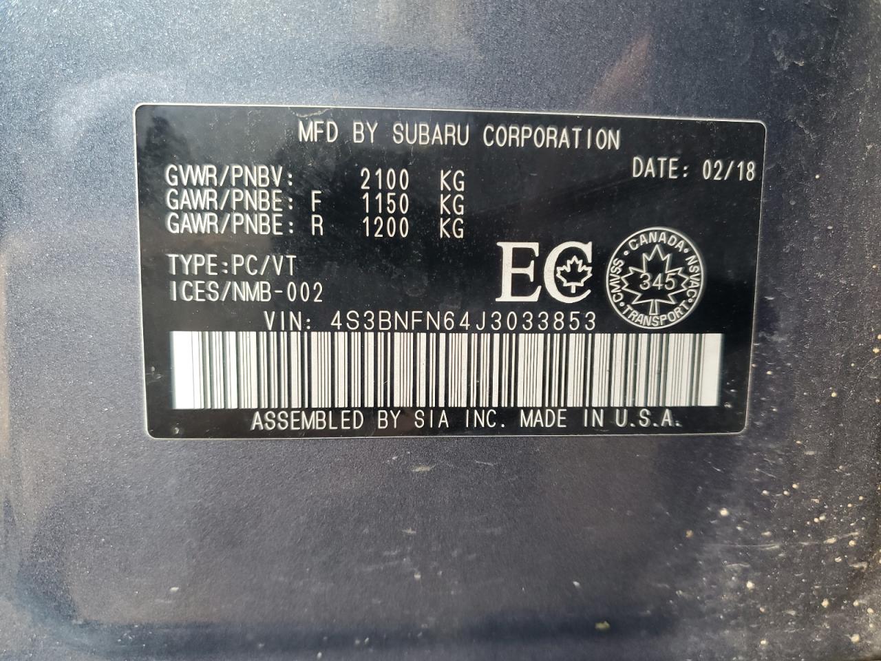 2018 Subaru Legacy 3.6R Limited VIN: 4S3BNFN64J3033853 Lot: 85317405