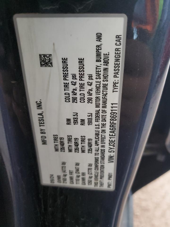 2024 Tesla Model 3 VIN: 5YJ3E1EA6RF869111 Lot: 84916705