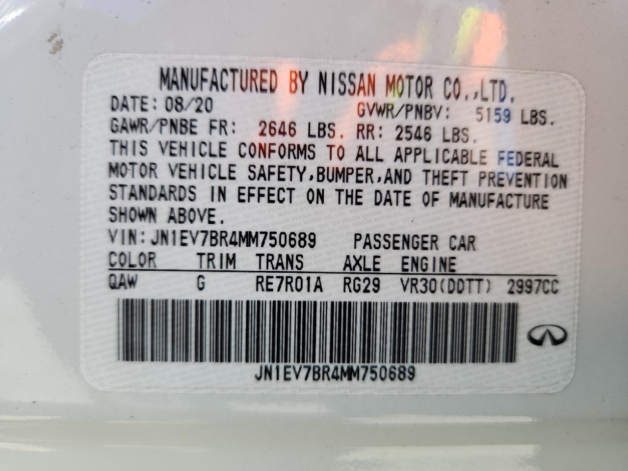 2021 Infiniti Q50 Luxe VIN: JN1EV7BR4MM750689 Lot: 85881135