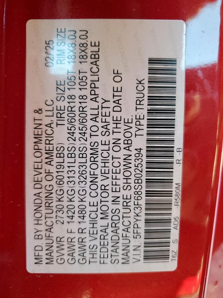 2025 Honda Ridgeline Trail Sport VIN: 5FPYK3F68SB025394 Lot: 90466715