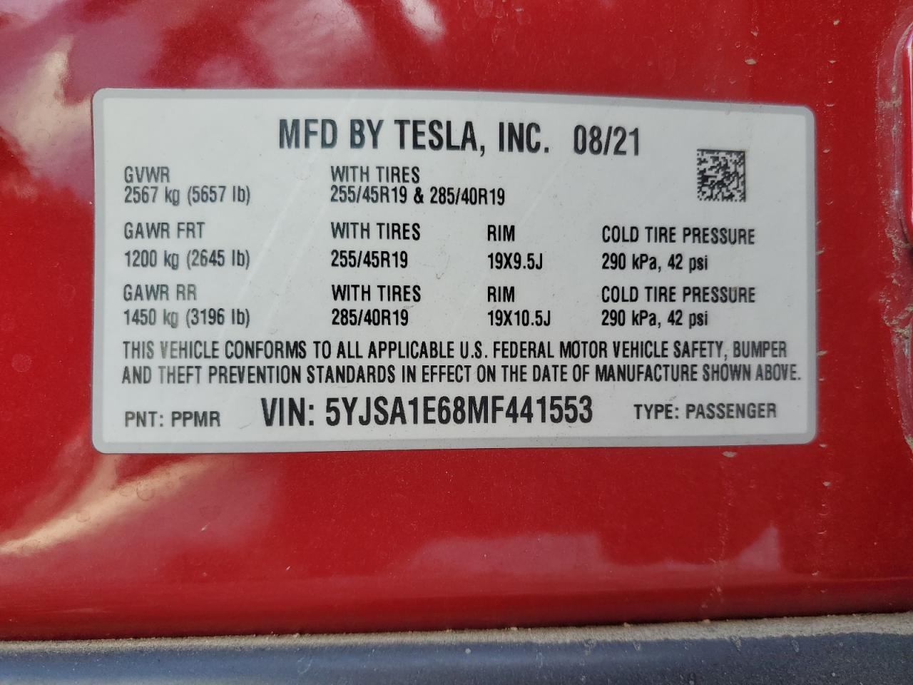 2021 Tesla Model S VIN: 5YJSA1E68MF441553 Lot: 86866585